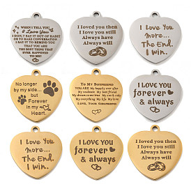 Valentine's Day 201 Stainless Steel Pendants, Love Message Charms, Heart with Word Charms