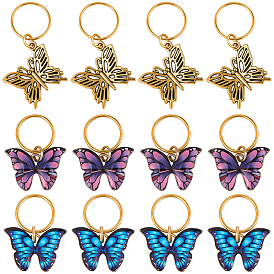 15Pcs 3 Styles Butterfly Printed Alloy Braiding Hair Pendant Decoration Clips, with Iron Jump Rings, Golden
