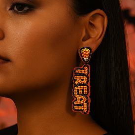 Серьги-гвоздики ручной работы из стеклянного бисера на Хэллоуин, слово, платина