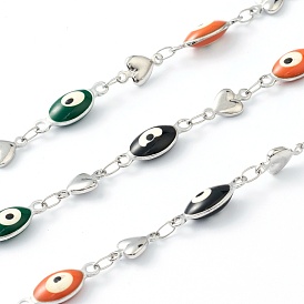 304 Stainless Steel Enamel  Link Chains, Oval Evil Eye & Heart, Unwelded, with Spool