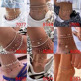 Geometric Minimalist Black Diamond Chain Anklet Set with Star and Circle Pendants - 3 Piece Fashion Jewelry Collection