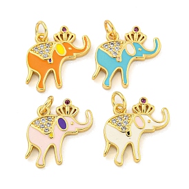 Brass Micro Pave Clear Cubic Zirconia Pendants, with Enamel, Real 18K Gold Plated, Elephant