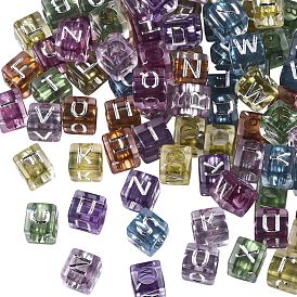 Perles acryliques transparentes, cube avec la lettre, Plaqué Argent