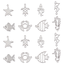 16Pcs 8 Style 201 Stainless Steel Links connectors, Turtle & Squid & Fish & Sea Horse & Goldfish & Crab & Dolphin & Starfish