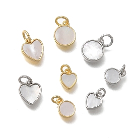 Плоские круглые подвески-сердечки из латуни и натуральных ракушек, с прыжковых колец, без кадмия и без свинца, стойки покрытие, долговечный, цвет морской раковины