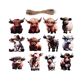 12 шт. подвесные украшения в виде коров с односторонним УФ-отпечатком из дерева, подвесные украшения из джутовой веревки, вырезанные лазером деревянные формы