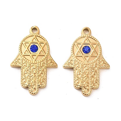304 Stainless Steel Pendants, with Sapphire Rhinestone, Hamsa Hand with Star of David Charms