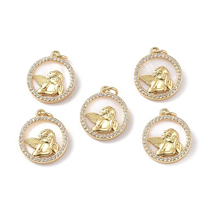 Brass Micro Pave Cubic Zirconia Pendants, with Shell and Jump Rings, Real 18K Gold Plated