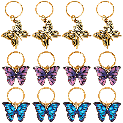 15Pcs 3 Styles Butterfly Printed Alloy Braiding Hair Pendant Decoration Clips, with Iron Jump Rings, Golden