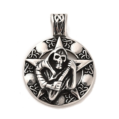 Tibetan Style 304 Stainless Steel Pendants, Flat Round with Skull