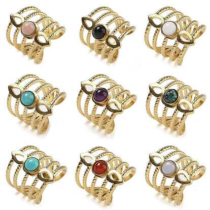 Натуральные и синтетические драгоценные камни, Каплевидная форма 304 многослойные открытые манжетные кольца из нержавеющей стали с ионным покрытием (IP), реальный 18 k позолоченный