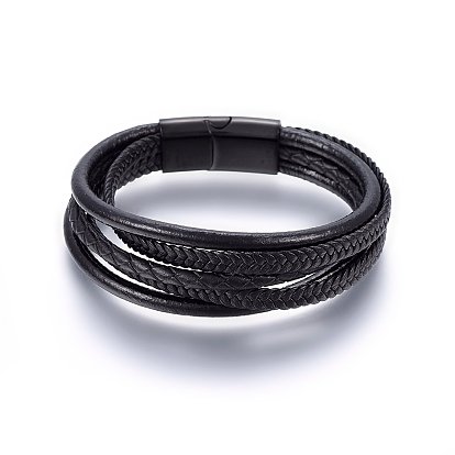Leather Cord Multi-strand Bracelets, with 304 Stainless Steel Magnetic Clasp, Rectangle