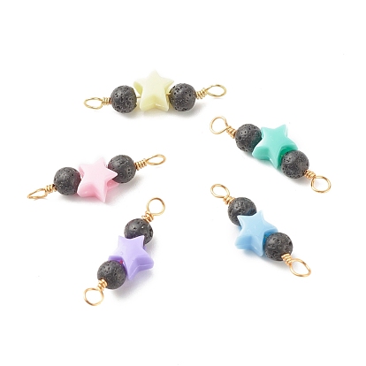 Natural Lava Rock & Acrylic Beads Links Connectors, with Real 18K Gold Plated Copper Findings, Star