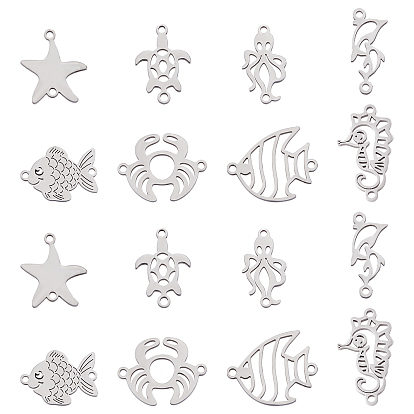 16Pcs 8 Style 201 Stainless Steel Links connectors, Turtle & Squid & Fish & Sea Horse & Goldfish & Crab & Dolphin & Starfish