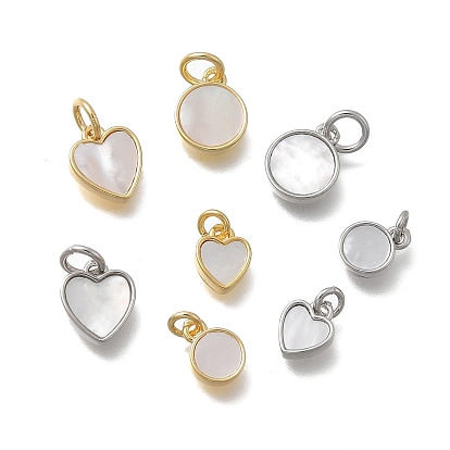 Плоские круглые подвески-сердечки из латуни и натуральных ракушек, с прыжковых колец, без кадмия и без свинца, стойки покрытие, долговечный, цвет морской раковины