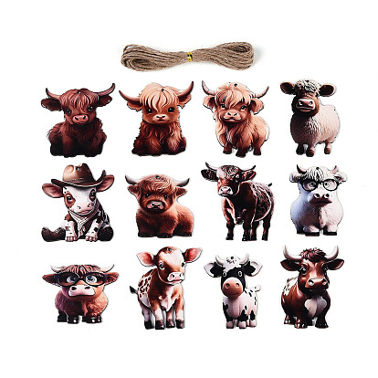 12 шт. подвесные украшения в виде коров с односторонним УФ-отпечатком из дерева, подвесные украшения из джутовой веревки, вырезанные лазером деревянные формы