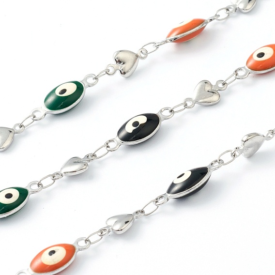 304 Stainless Steel Enamel  Link Chains, Oval Evil Eye & Heart, Unwelded, with Spool