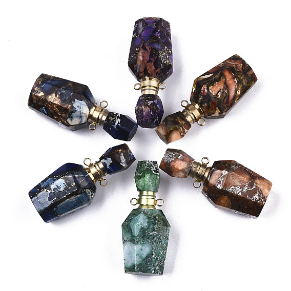 Assembled Synthetic Pyrite and Imperial Jasper Openable Perfume Bottle Pendants, with Brass Findings, Dyed