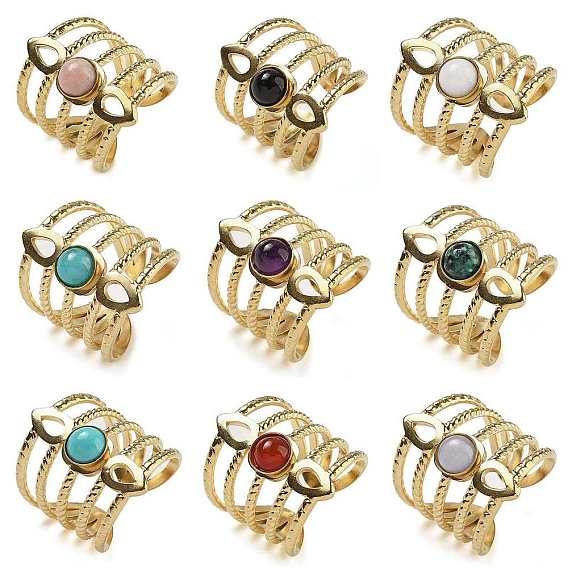 Натуральные и синтетические драгоценные камни, Каплевидная форма 304 многослойные открытые манжетные кольца из нержавеющей стали с ионным покрытием (IP), реальный 18 k позолоченный