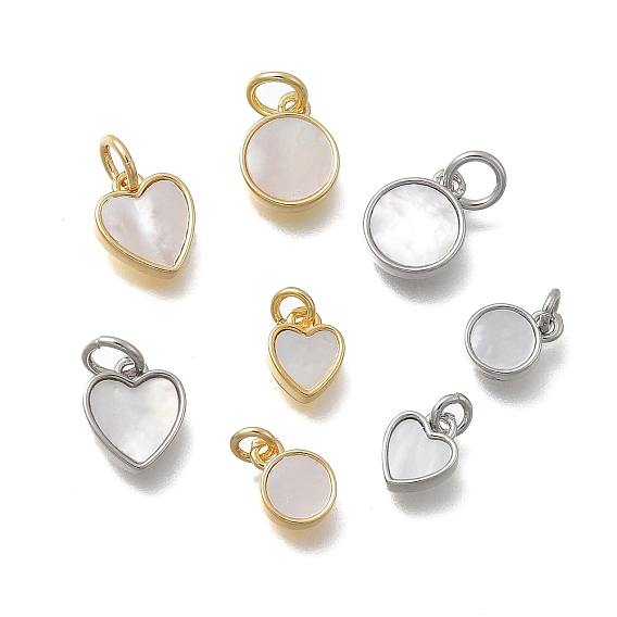 Плоские круглые подвески-сердечки из латуни и натуральных ракушек, с прыжковых колец, без кадмия и без свинца, стойки покрытие, долговечный, цвет морской раковины