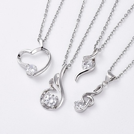 Brass Cubic Zirconia Pendant Necklaces, with 304 Stainless Steel Cable Chains and Lobster Claw Clasps, with Cardboard Packing Box, Mixed Shapes
