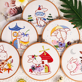 DIY Cartoon Rabbit Theme Embroidery Kits, Including Printed Cotton Fabric, Embroidery Thread & Needles, House/Maple Leaf/Umbrella Pattern