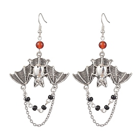 Alloy with Glass Chain Dangle Earrings, Halloween Bat Long Drop Earrings