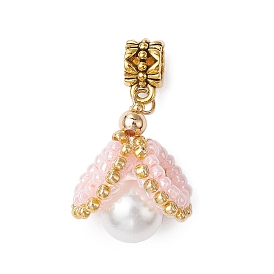 Handmade Glass Seed Beads & Glass Pearl Loom European Dangle Charms, Shell Shaped Large Hole Pendants, Golden