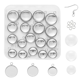 DIY Earrings Making Kits, Including Flat Round 304 Stainless Steel Pendant Cabochon Settings, Dome Transparent Glass Cabochons, 304 Stainless Steel Earring Hooks & Jump Rings
