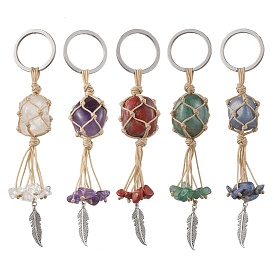 Nylon Wired Gemstone Keychains, with 304 Stainless Steel Split Key Rings and Alloy Feather Pendant