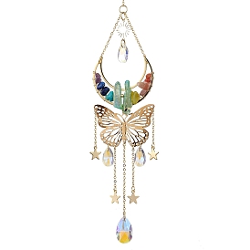 Butterfly & Moon Brass & 304 Stainless Steel Pendant Decorations, Hanging Suncatchers, with Glass Pendants and Mixed Gemstone Chip Beads