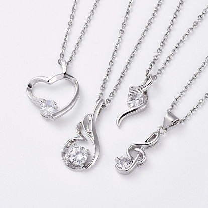 Brass Cubic Zirconia Pendant Necklaces, with 304 Stainless Steel Cable Chains and Lobster Claw Clasps, with Cardboard Packing Box, Mixed Shapes