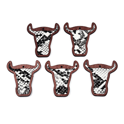 Eco-Friendly Cowhide Leather Big Pendants, with Dyed Wood, Cattle Head with Leopard Print Pattern
