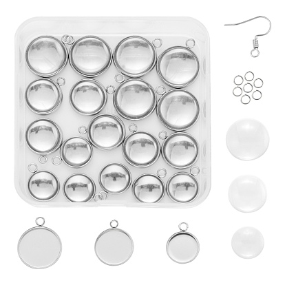 DIY Earrings Making Kits, Including Flat Round 304 Stainless Steel Pendant Cabochon Settings, Dome Transparent Glass Cabochons, 304 Stainless Steel Earring Hooks & Jump Rings
