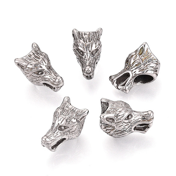 304 бусины европейского стиля из нержавеющей стали с крупными отверстиями, волк