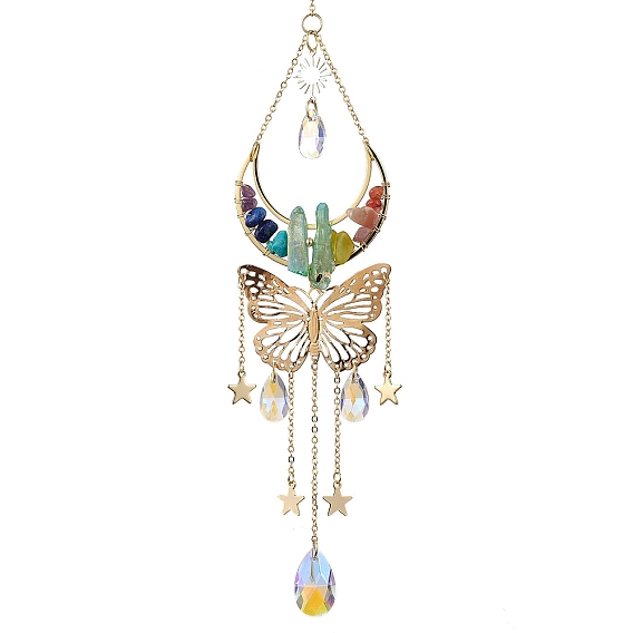 Butterfly & Moon Brass & 304 Stainless Steel Hanging Suncatchers, with Glass Pendants and Mixed Gemstone Chip Beads