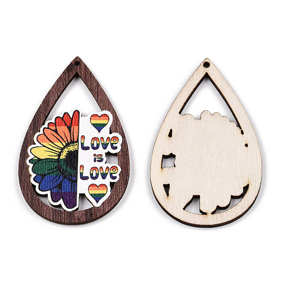 Single Face Printed Basswood Big Pendants, Undyed, Teardrop Charms with Rainbow Color Flower and Word Love