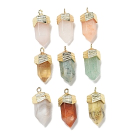 Natural Gemstone Faceted Pendants, Sword Shaped Charms with Rack Plating Brass Findings, Golden