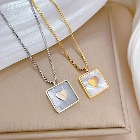 Whole body titanium steel square mother-of-pearl heart temperament personality minimalist wind furnace real gold necklace female clavicle chain