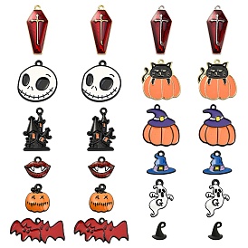 24Pcs 12 Style Halloween Theme Alloy Enamel Pendants, Mixed Shapes