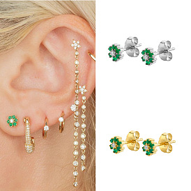 Stylish Floral Stud Earrings with Zirconia, Emerald and Green Gemstones