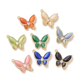 Butterfly Brass Clear Cubic Zirconia Connector Charms, with Cat Eye, Cadmium Free & Lead Free, Real 18K Gold Plated