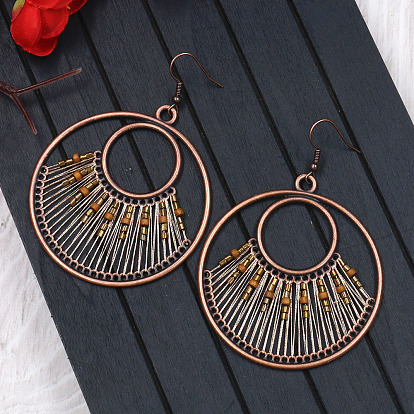 Alloy Dangle Earrings, with Wood Beads and Metallic Thread, Flat Round