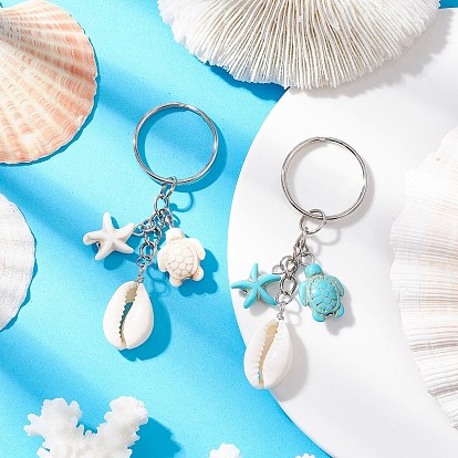 Брелок из синтетической бирюзы с натуральными смешанными ракушками каури, с железными разрезными брелоками, черепаха, морская звезда и ракушка