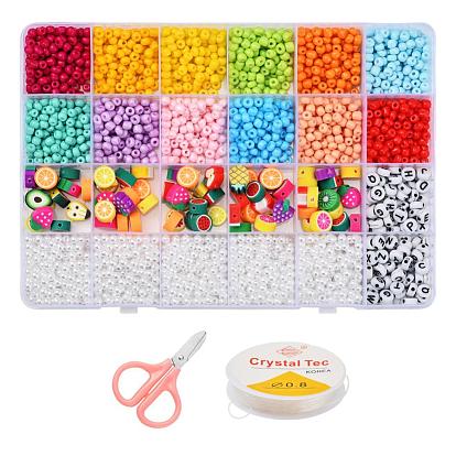 DIY Jewelry Making Kits, Including 6/0 Baking Paint Glass Seed Beads, ABS Plastic Beads, Polymer Clay Beads, Acrylic Beads, Elastic Crystal Thread and Stainless Steel Scissors