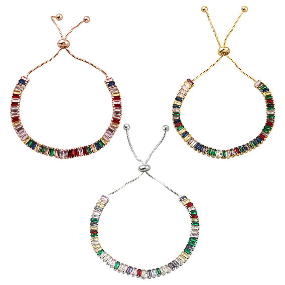 3 шт. 3 цвета латуни, бисер, кубический цирконий, браслеты-слайдеры для женщин, прямоугольные