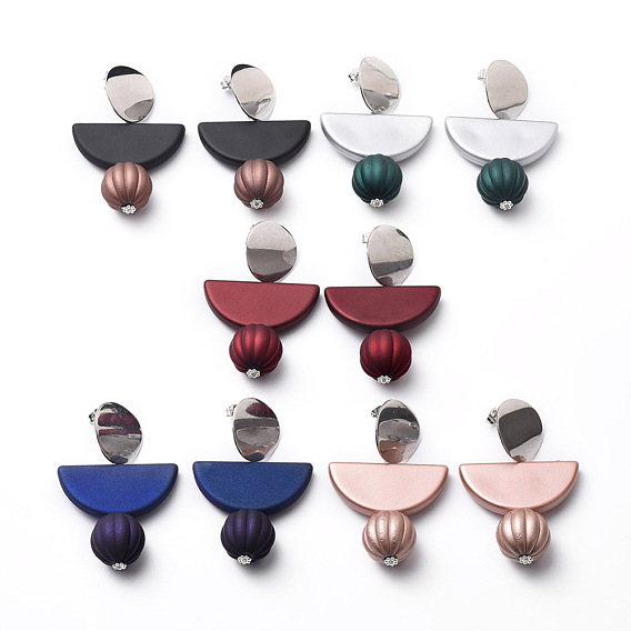 Rubberized Style Acrylic Dangle Earrings, with 304 Stainless Steel Stud Earring Findings and Ear Nuts, Pumpkin & Half Round