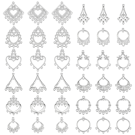96Pcs 12 Styles Alloy Hollow Chandelier Component Links, Silver Color Plated, Etched Metal Embellishments, Heart Rhombus Teardrop