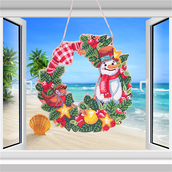 Christmas Wreath DIY Diamond Painting Pendant Decoration Kits, Including Wood Boards, Curb Chains, Resin Rhinestones, Diamond Sticky Pens, Tray Plates and Glue Clay