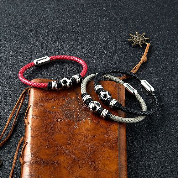 316Браслеты из нержавеющей стали в форме футбольного мяча, Браслеты из плетеного коровьего шнура для мужчин, с магнитной застежкой, цвет нержавеющей стали